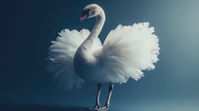 A graceful swan with outstretched feathers mimicking the pose of a ballet dancer.