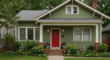 Small cute craftsman American house with green and white and red door.