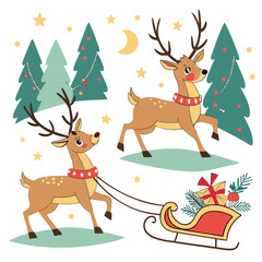 Naklejka premium Two happy reindeer pulling a sleigh with gifts under christmas trees silhouette