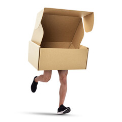 Cardboard box with sportsman's legs running on white background. Parcel delivery