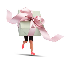 Gift box with woman's legs running on white background. Delivery