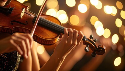 Violinist's Hands Playing with Bokeh Lights in Warm, Golden Tones