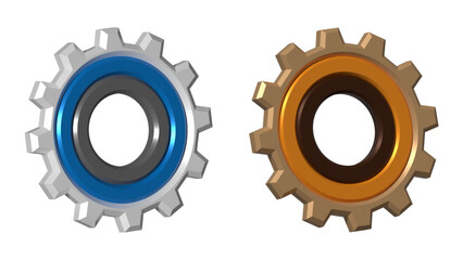 3D Metallic Gear Icons in Blue and Bronze Colors for Mechanical Engineering, Industrial Technology, and UI Design Elements