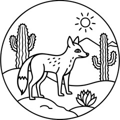 Obraz premium Desert landscape with a fox cacti and mountains in a circular silhouette