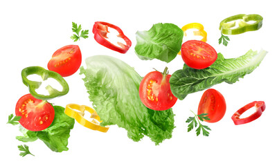 Fresh vegetables for salad flying against white background