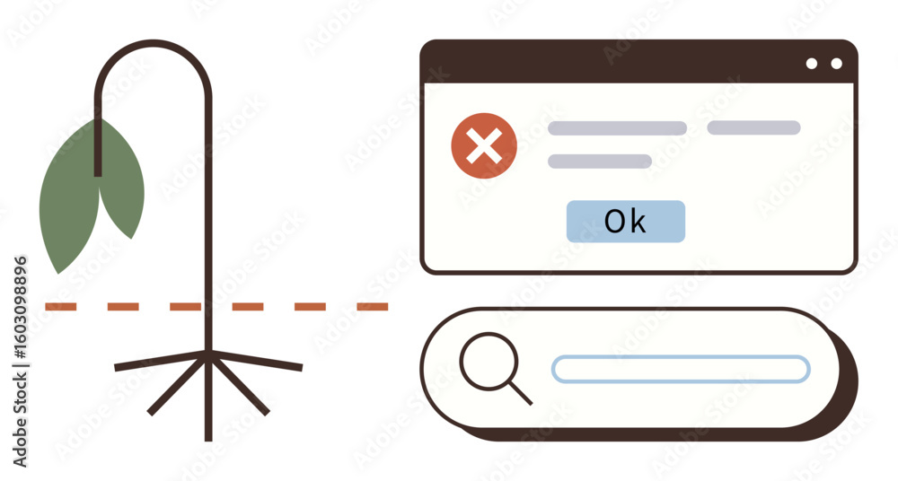 Poster wilting plant, error message with ok button, and search bar convey failure, decline, and troubleshoo