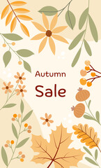 Autumn Sale - Schriftzug in englischer Sprache - Herbstschlussverkauf. Herbstliches Poster mit Blättern, Blumen und Beeren.