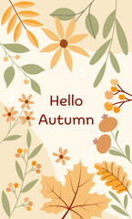 Hello Autumn - Schriftzug in englischer Sprache - Hallo Herbst. Herbstliche Grußkarte mit Blättern, Blumen und Beeren.