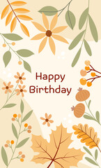Happy Birthday - Schriftzug in englischer Sprache - Alles Gute zum Geburtstag. Herbstliche Grußkarte mit Blättern, Blumen und Beeren.