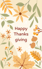 Happy Thanksgiving - Schriftzug in englischer Sprache - Fröhliches Erntedankfest. Herbstliche Grußkarte mit Blättern, Blumen und Beeren.