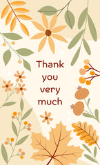 Thank you very much - Schriftzug in englischer Sprache - Vielen Dank. Herbstliche Grußkarte mit Blättern, Blumen und Beeren.