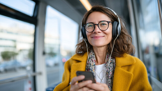 Stylish commuter with chunky headphones watches smartphone screen attentively, earphonesâ cable subtly trailing down, urban morning light streaming through tram windows highlightin