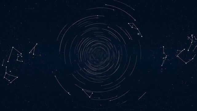 Swirling starry night sky with constellations forming patterns in circular motion above