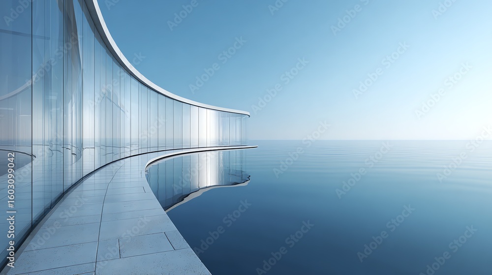 Aufkleber a serene architectural rendering depicts a curved glass structure seamlessly blending with a calm oc