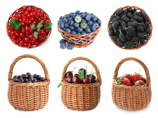 Different fresh berries in wicker baskets isolated on white, set