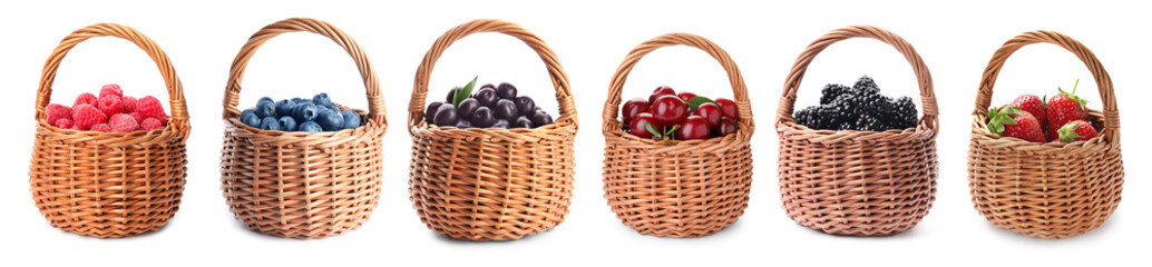 Different fresh berries in wicker baskets isolated on white, set