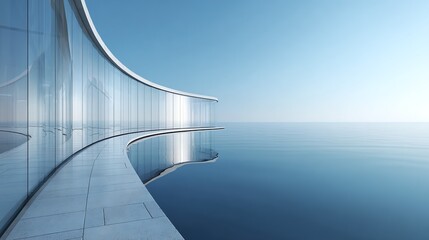Obraz premium A serene architectural rendering depicts a curved glass structure seamlessly blending with a calm ocean horizon, evoking a sense of tranquility and modern design.