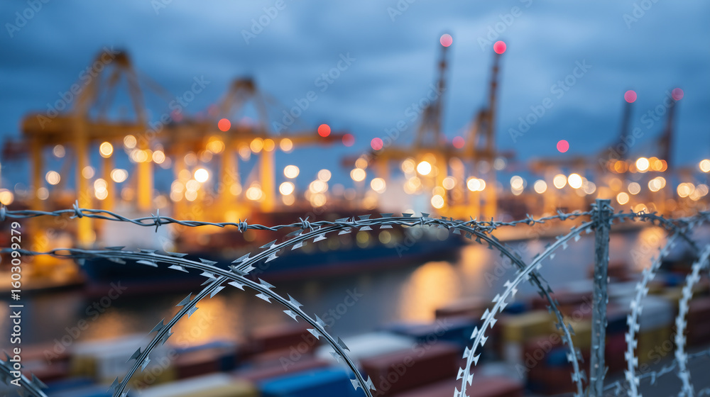 Poster cargo port with colorful containers partially obscured behind spirals of razor-sharp barbed wire fen