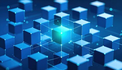 Obraz premium Interconnected Blue Cubes with Glowing Nodes: A Modern Network Visualization