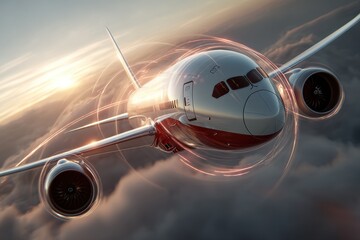 Fototapeta premium Sleek futuristic airliner flying over globe hologram with destination arcs, clean clouds and sunset background, red and white livery without logos, airplane closeup from bottom angle.