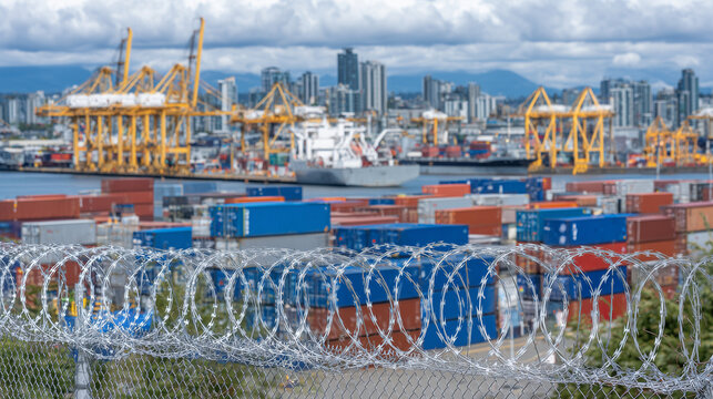 Vibrant shipping containers stacked high behind sharp coils of barbed wire fencing at a bustling port terminal, hazy industrial skyline in the background, symbolizing trade restric