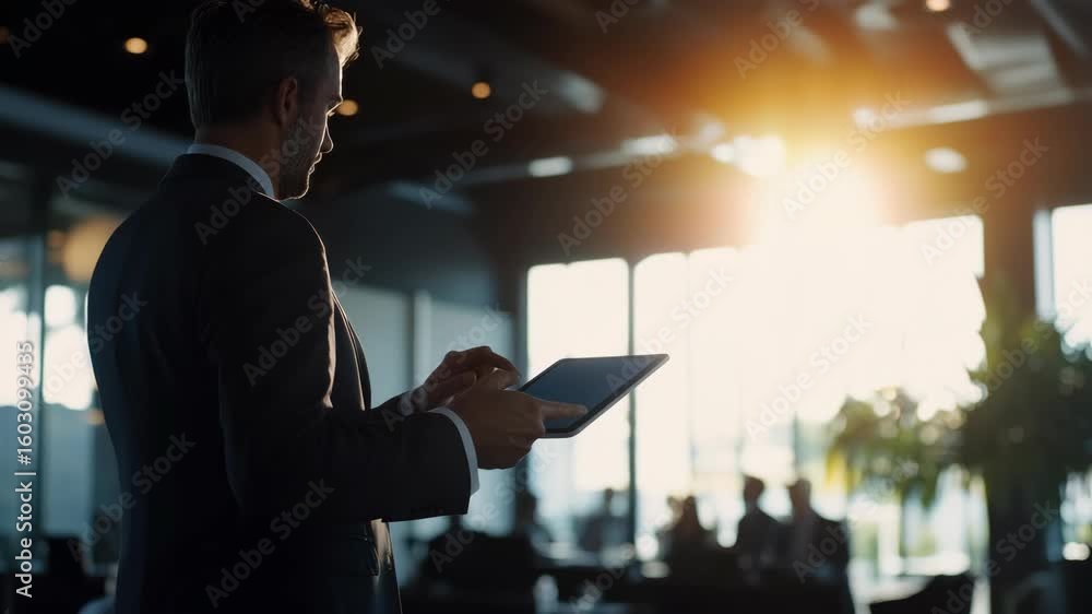 Poster a man in a suit standing and gesturing with a tablet, speaking in front of an audience. the setting 