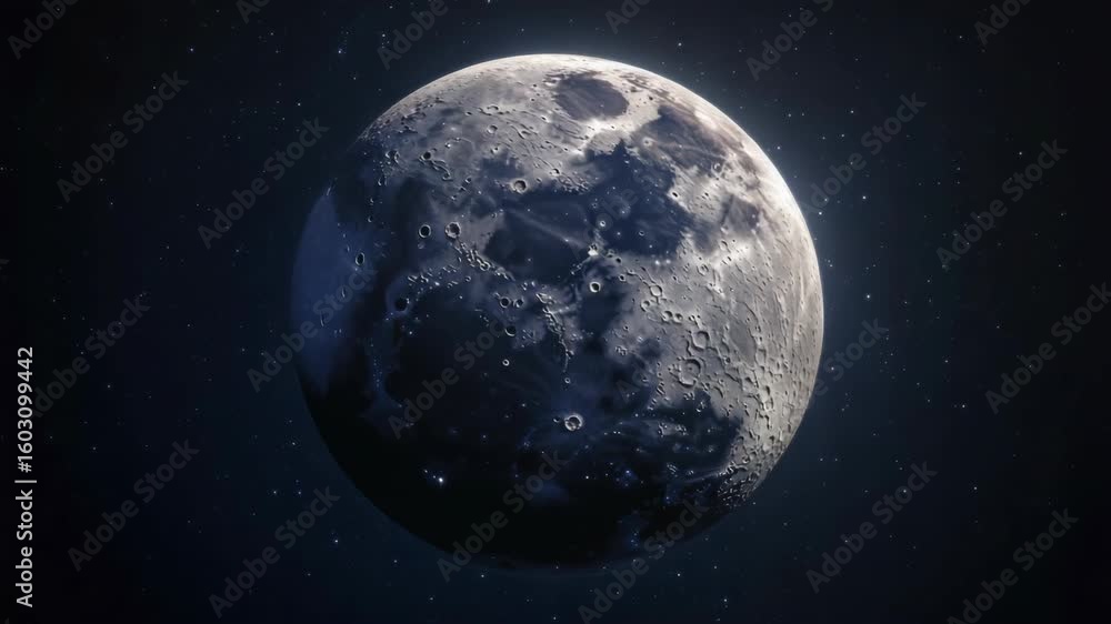 Poster close-up image of the moon with light reflection and starry background.