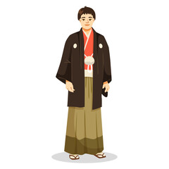 Japanese man wearing traditional kimono and sandals, flat style, white background. Concept of cultural heritage and traditional clothing. Vector illustration