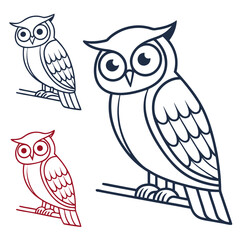 Three stylized owl illustrations in outline silhouette style