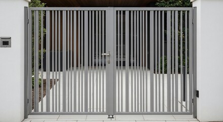 Modern gray metal gate, vertical slats, residential entrance.