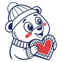 Cute cartoon bear wearing a hat and scarf holding a heart silhouette