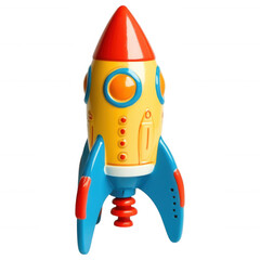 Colorful Rocket Ship Adventure: A vibrant toy rocket ship, poised for exploration, with a bright aesthetic and bold colors. It's a symbol of childhood imagination, travel, and adventure.