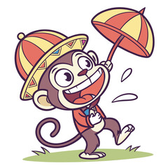 Joyful monkey wearing a sombrero and holding an umbrella silhouette
