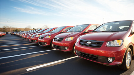 Row of new red SUVs parked in car dealership lot. Multiple identical vehicles lined up for sale showing front view with plenty of copy space in sky area.