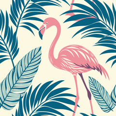 Pink flamingo standing amongst tropical leaves silhouette