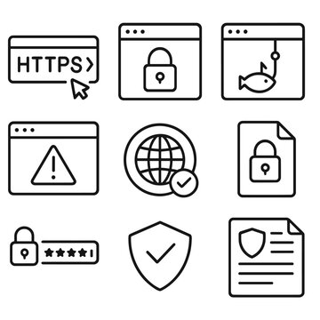 Website Security Icons. Line style icons of website security: HTTPS address bar, lock in browser tab, phishing site alert, browser
