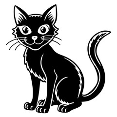 Cute black cat sitting with big eyes and fluffy tail silhouette