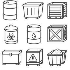 Industrial Container Icons. Line style icons of industrial storage containers: oil drum, steel bin, pallet box, hazardous waste