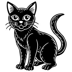 Cute black cat sitting with big eyes and curled tail silhouette