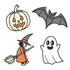 Cute halloween characters including pumpkin bat witch and ghost silhouette