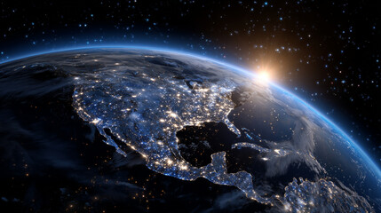 Obraz premium Earth from space focusing on North America, a mosaic of sparkling lights stretching across the continent, soft cloud cover partially veiling the land, distant stars twinkling, and