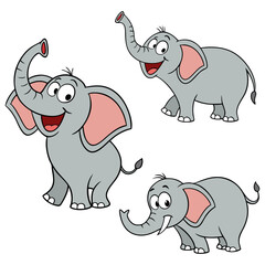 Three happy cartoon elephants with big ears and trunks raised silhouette