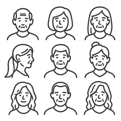 Aging Hairstyles Icons. Line style icons of aging and hair length: thinning short hair, mature bob cut, silver mid-length, long