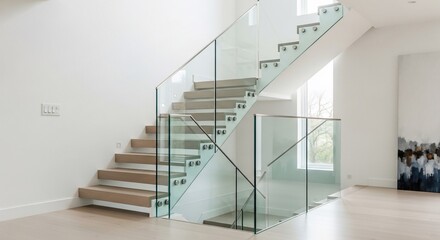 Fototapeta premium A modern floating staircase with wooden treads and a clear glass balustrade in a bright, minimalist home interior.