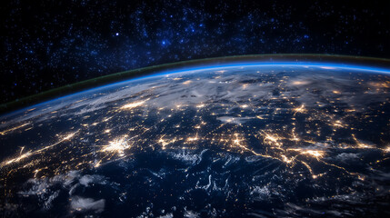 Obraz premium Vivid nighttime satellite perspective of North America, illuminated urban areas visible through wispy clouds, expansive star field surrounding the dark space, with bright sun rays