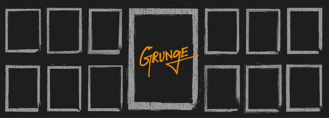 Grunge square and rectangle frame set with rough ink borders, empty stamp boxes, rubber frame imprints, distressed sketch style layout collection