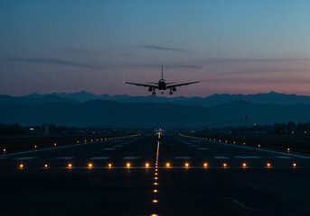 Commercial jet on final approach to an illuminated runway at dusk, silhouetted against a serene mountain backdrop under a colorful sky
