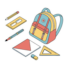 Back to School Stationery Vector  Minimalist Illustration with Colorful Supplies and Backpack