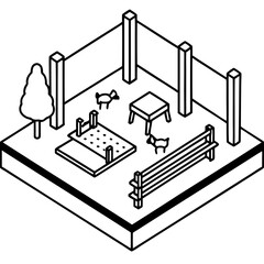 Isometric view of a dog park with a bench table and play structure silhouette
