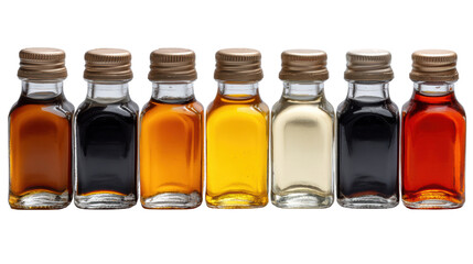 A row of assorted small glass bottles containing different sauces against a white background.